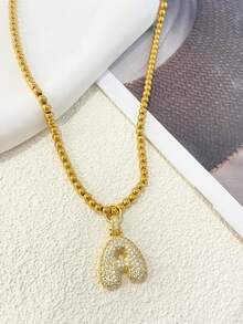 1Pc Women's Stainless Steel Bead Chain With A Diamond Studded Three-Dimensional Initials Pendant, Simple And Elegant In Style, Suitable For Wearing At Parties Or Banquets, 18k Genuine Gold Electroplated Bead Chain