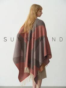 1 件女士几何图案涤纶休闲百搭保暖披肩，适合日常使用 - 紅色 - 查看 2