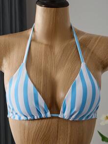 Bellisia Summer Beach Striped Triangle Bikini Set & Mesh Shorts - Blue and White - View 5