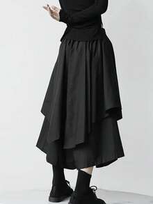 女士哥特风不对称短裙，松紧腰，优雅梭织面料，不对称设计，休闲日常约会款，春夏款 - 黑色 - 查看 2