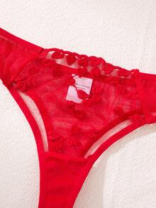 2PCS Women's Red Bow Embroidered Floral Sexy Lingerie Set, Semi Transparent Hollow Cute Floral Women's Two Pieces Set, Halloween Style Hot Party Gift