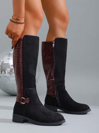 Women's Winter New Solid Color Round Toe Crocodile Embossed Metal Buckle Side Zipper Chunky Heel Knee-High Boots, Fashion Versatile Casual Mid-Heel