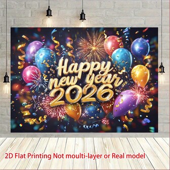 2D平面，1件装2026新年派对背景幕布，饰有金色和彩色烟花、气球和彩带 - 大型“Happy 2026”数字显示 - 耐用墙面装饰，适用于婚礼、生日、新年庆祝活动 - 易于室内悬挂/横幅，采用鲜艳的2D平面印刷和金色字母 - 四季皆宜的派对装饰，2D平面，韩流派对装饰