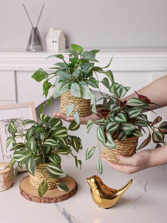 1/3PCS 人造藤条圣诞中型花盆，悬挂竹花盆，四种款式可供选择荨麻草，海藻绳，绿色，聚乙烯材料，聚酯纤维材料，桌面装饰，学校宿舍和办公室装饰，适用于复活节，感恩节圣诞节装饰