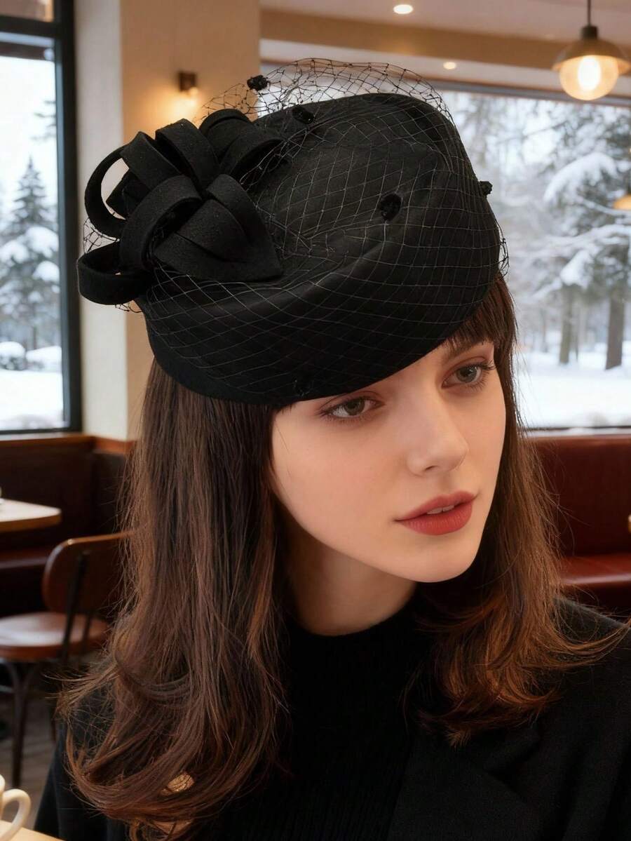 1pc Elegant British Style Wool Felt Hat, Luxury Mesh Design, Fashionable & Versatile, Minimalist , Exquisite Craftsmanship, Unique Design, Skin-Friendly, Suitable For Home, Outings, Gatherings, Work, Business, Flight Attendant