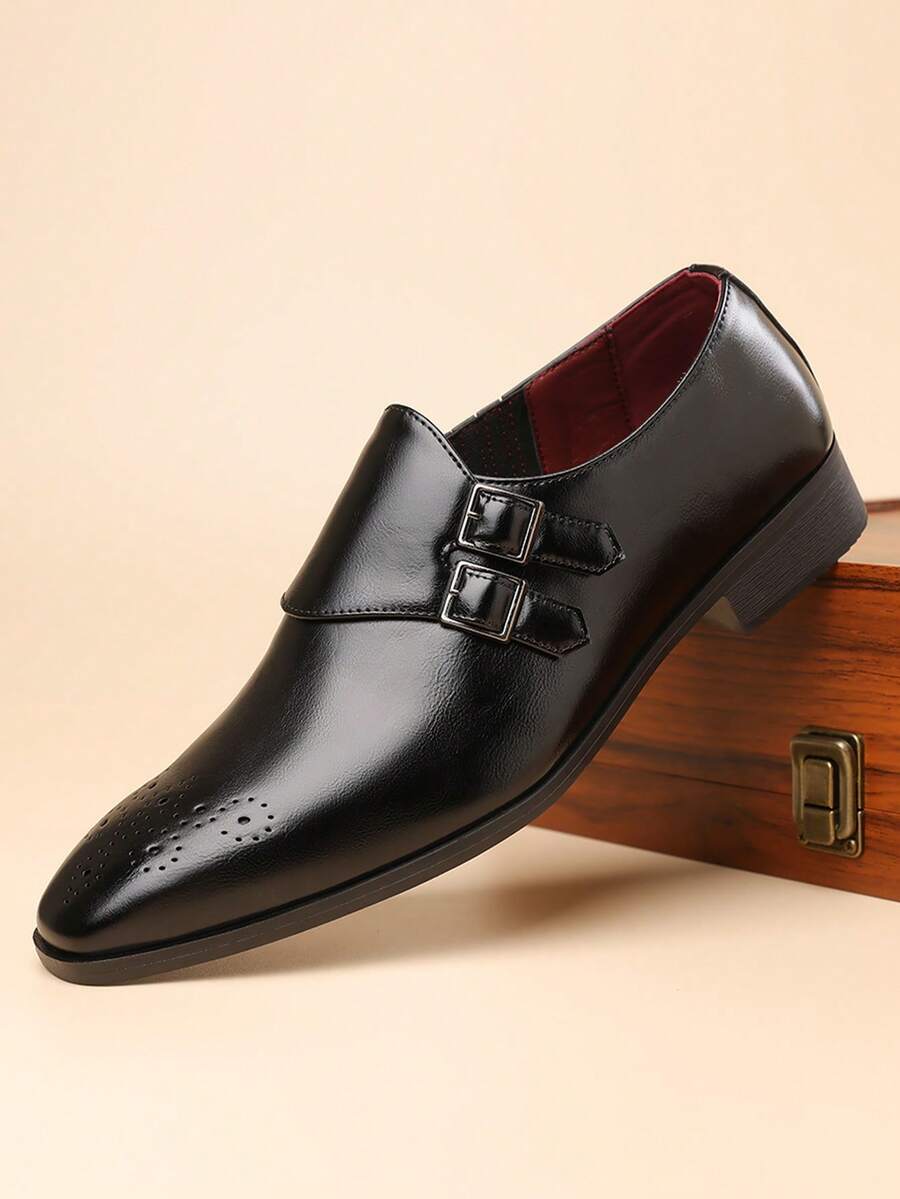 Retro Fashion Square Toe Slip-On Loafers, Casual Breathable Brogues For Men, All Season - Black - View 1