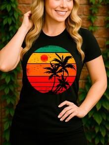 Sunset Palm Trees Beach Coconut Tree Basic Unisex T-Shirt 100% Premium Cotton – Men's And Women's | Casual, Streetwear, Plus Size, New Release With Immediate Shipping In Various Colors - 黑色 - 查看 3