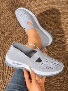 Women'S Lightweight Breathable Knit Walking Shoes - Soft EVA/PVC Sole, Low-Top Summer Sneakers With Fabric Upper & Lining, Multiple Colors For Casual & Light Exercise, Ladies Shoes - 灰色 - 查看 2