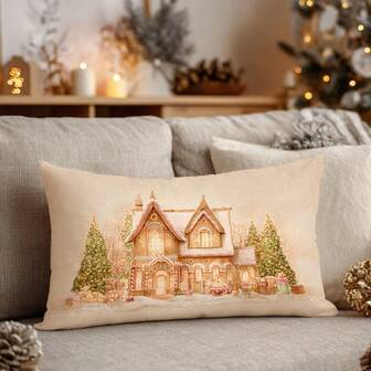 1 Stück Vintage Lebkuchenhaus & Weihnachtsbaum bedruckter Plüschkissenbezug, 30*50cm/40*60cm geeignet für Weihnachts-/Winterraumdekoration, modernes Wohnzimmer Sofa, Partydekoration, Geschenk