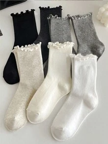 1 Pair/6 Pairs Women's Multi-Color Ruffle Trim Mid-Calf Socks, Warm And Cute Lace Socks For Autumn/Winter - Multicolor - View 17