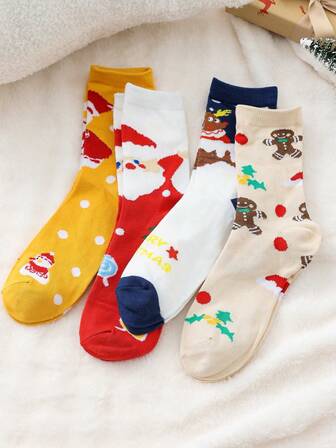 4 Pairs Women's New Autumn/Winter Cute Gingerbread Man & Santa Claus Pattern Christmas Gift Socks, Soft Comfortable Fashionable Versatile Ins Style Mid-Calf Socks