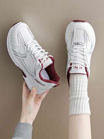 Women's White Casual Sneakers, Thick Sole Chunky Sneakers, Mesh Breathable, Printed Lace-Up, Petite Height Increase, Suitable For Daily Casual Wear, Travel, Shopping, Fashion Versatile