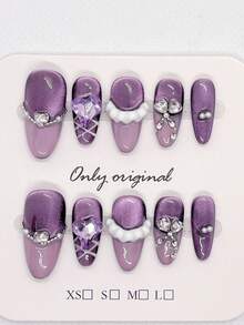 10 件紫色和绿色按压式纯手工法式猫眼秋季指甲 - 短棺材可重复使用假指甲，充满爱意，圣诞节指甲，万圣节指甲，易于涂抹的女性美甲，是派对婚礼日常的完美礼物 - 紫色 - 查看 7