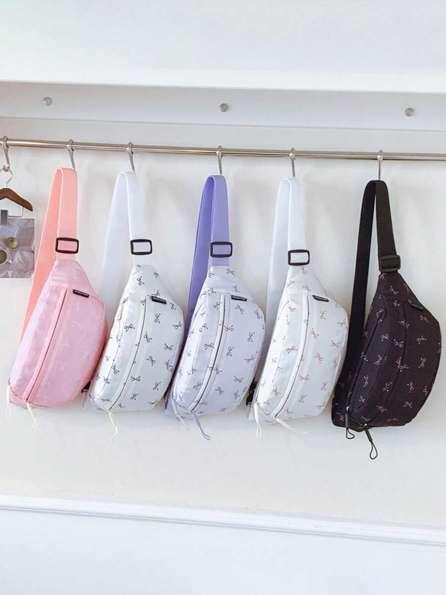 1 Stück Vorderer Reißverschluss Bedruckter Schleifen Nylon Stoff Lässige Brusttasche, geeignet für Teenager Mädchen, weibliche Studenten, Erstsemester und Büroarbeiter, perfekt für Büro, Uni, Arbeit, Geschäft, Pendeln, Outdoor, Reisen, Ausflüge, erster Schultag College Stil Hüfttasche