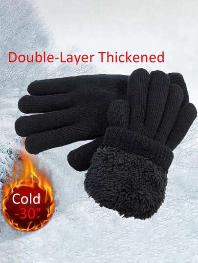 1 Pair Winter Warm Wool Knitted Gloves, Thick And Insulated, Suitable For Cycling, Skiing And Other Outdoor Activities, Black Full Finger Knitted Gloves, Unisex