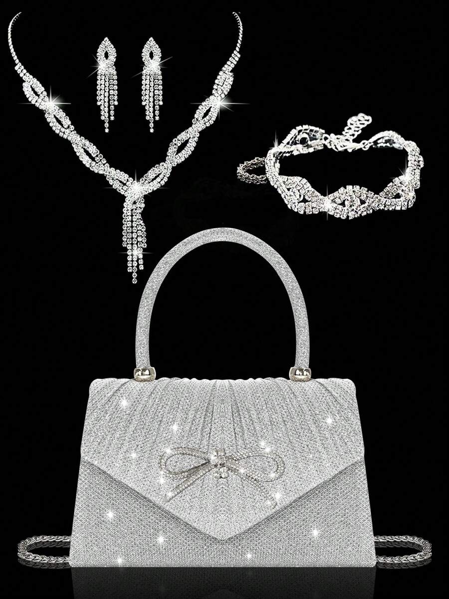 Shiny And Elegant Mini Bow Women's Evening Bag, Paired With Exquisite And Luxurious Rhinestone Bracelet, Necklace And Earrings Four-Piece Set, Simple And Fashionable Solid Color Pleated Flap Handbag, Suitable For Holiday Parties, Dances, Gatherings, Banquets, Weddings.It Is The Best Gift For The New Year. - Bạc - Xem 1