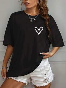 Women's Casual Off-Shoulder T-Shirt With Print - Black - View 6