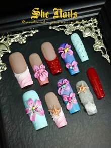 10pcs Glossy Y2K French Western Ocean Nail Art, Pink Nails, Red Nails, Light Blue Nails, Shiny Nails, 3D Handmade Starfish & Shell Decor, 3D Hand-Painted Wavy 3D Colorful Carved Rectangle Acrylic Nails, Perfect For Bikini Beach Matching. - 彩色 - 查看 1