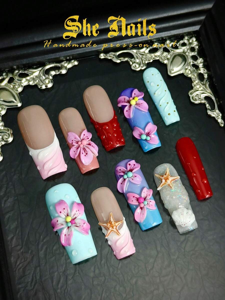 10pcs Glossy Y2K French Western Ocean Nail Art, Pink Nails, Red Nails, Light Blue Nails, Shiny Nails, 3D Handmade Starfish & Shell Decor, 3D Hand-Painted Wavy 3D Colorful Carved Rectangle Acrylic Nails, Perfect For Bikini Beach Matching. - 彩色 - 查看 1