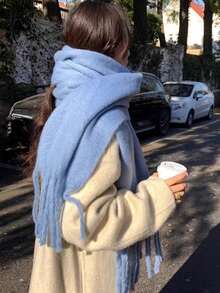 1 pieza Bufanda de invierno para mujer, chal de cachemira sólido azul claro, bufanda gruesa y suave de color azul claro, chal con flecos largos, bufanda de invierno de moda, bufanda para adultos, bufanda azul cielo, capa de cachemira con estilo, cachemira de lujo, bufanda sólida de mujer de color azul claro brillante, chal y envoltorio de invierno, bufanda cuadrada de mujer, bufanda sólida gruesa con flecos, cuello de invierno cálido, chal grueso tejido de lana con flecos, se puede usar