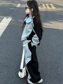 2pcs/Set Girls Casual Sports Street Fashion High-End Design Contrast Color Loose Top And Pants Set, Autumn/Winter - Multicolor - View 3