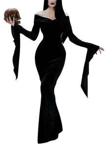 HalloweenMorticia Addams Costume Women Morticia Halloween Dress Long Sleeve Off Shoulder Maxi 1950s Dress2025 - 黑色 - 查看 1