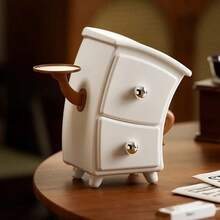 Cute White And Brown Storage Box With Round Door And Hinged Lid - Compact Storage Box, Golden Knob, Plastic Desktop Organizer Box For Home Office, Vanity, And School - Multifunctional Decorative Storage Box, Space-Saving Design With 2 Drawers And Sturdy Legs, Ideal Desktop Organizer For Desk Or Vanity, Keeps Desk Tidy - Multicolor - View 2