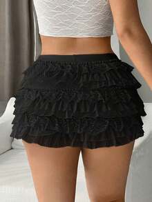 Women Y2k Lace Layered Mini Skirt Low Rise Ruffle Short Tiered Skirt Cute Aline Multi Layer Cake Skirts - 黑色 - 查看 3