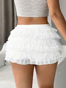 Women Y2k Lace Layered Mini Skirt Low Rise Ruffle Short Tiered Skirt Cute Aline Multi Layer Cake Skirts - 白色 - 查看 3