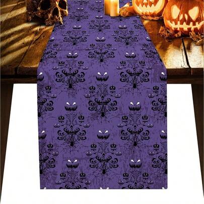 Linen Burlap Table Runner Dresser Scarves, Haunted Halloween Mansion - Grim Grinning Ghosts Decor Rectangular Table Runners Party Decoration Shower Birthday Bachelor Party Holiday 13x48Inch