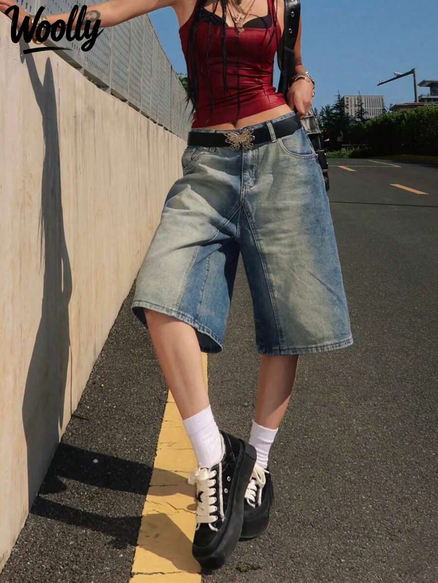 Women's Pocketed Wide Leg Loose Retro Split Jeans (Belt Not Included) - Medium Wash - View 1