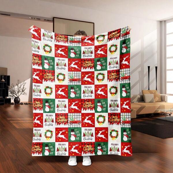 1 Stück bunte Weihnachtselement Patchwork Fleecedecke, schafft festliche Atmosphäre, warm & gemütlich, weiche Flanelldecke, ideales Feriengeschenk, Heimdekoration Überwurf, Mehrzweckdecke
