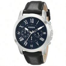 Fossil Reloj cronógrafo Fossil Grant para hombres - Esfera azul de 44 mm con números romanos, correa de cuero negro, resistente al agua 50M, reloj de vestir de estilo vintage para eventos formales y uso diario FS4990