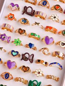 20 piezas Anillos de mujer de aleación de moda con esmalte, forma irregular de corazón y flor, incrustados con cristales, mariposa colorida, joyería exquisita para vacaciones, viajes, fiestas, cumpleaños y uso diario