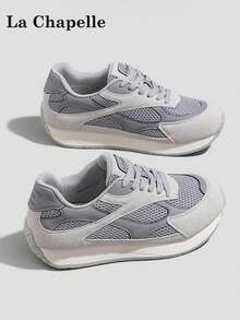 1 Pair La Chapelle Women's Thick Sole Lace-Up Soft Bottom Casual Shoes, Low-Top Outdoor Flat Shoes For Summer, Round Toe Low Heel Solid Color Elegant Soft Bottom Hiking Shoes Suitable For Students Graduation Photos, Women Low-Top Leather Sports Skateboard Shoes - Grey - View 4