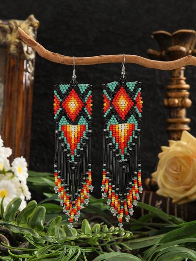 Handmade Beaded Earrings, Bohemian Style Earrings, Vintage Circle Black Brown Green Color Tassel Drop Earrings, Black Tube Multi-Color Tassel Earrings, Asymmetrical Green Tassel Earrings, Silver Earring Hooks, Women's Fashion Earrings, Spring/Summer New Arrivals, Everyday & Holiday Wear, Thanksgiving, Mother's Day, Valentine's Day, Friendship Gift