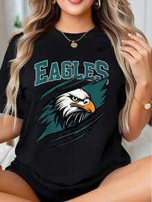 Eagles Logo Graphic T-Shirt For Women - Bold Bird Design With Team Spirit, Perfect For Game Day And Casual Wear, 220g - 黑色 - 查看 1