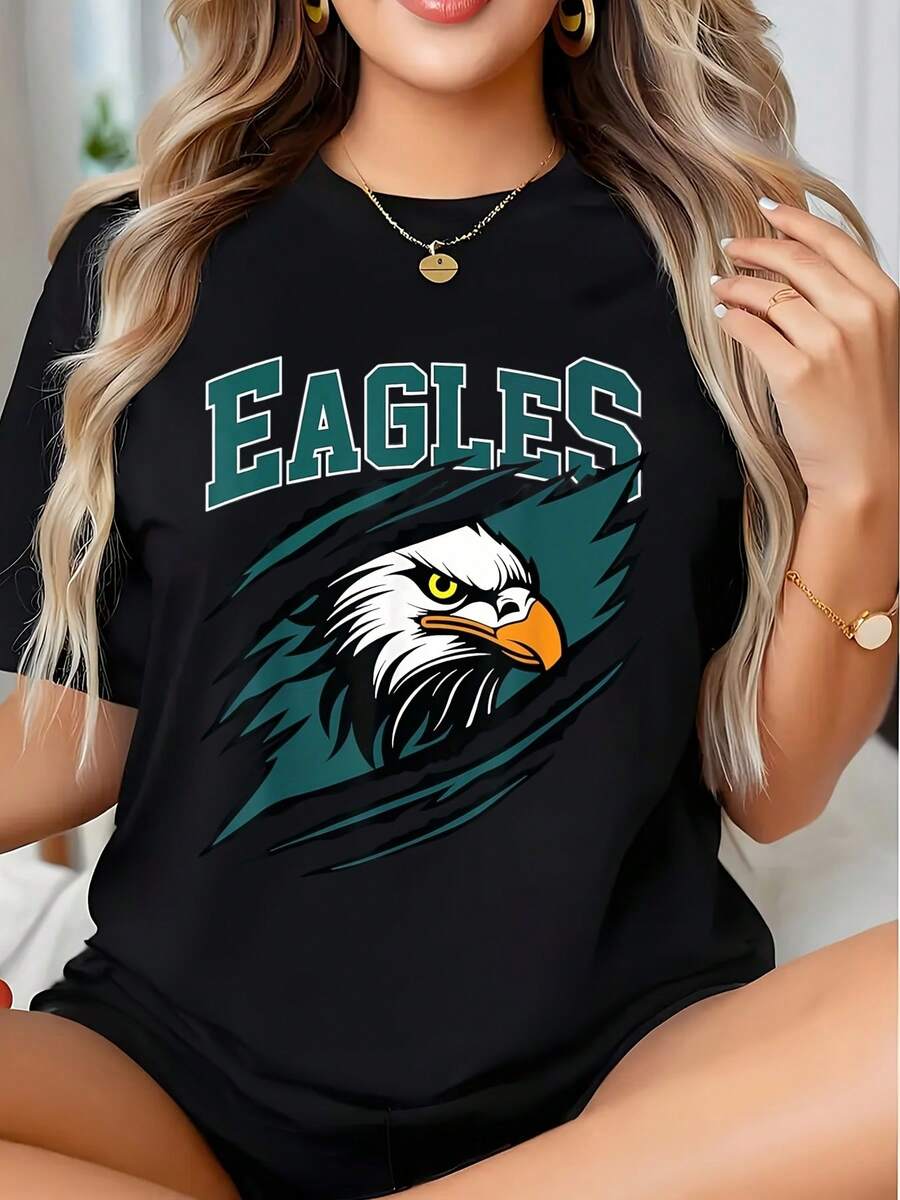 Eagles Logo Graphic T-Shirt For Women - Bold Bird Design With Team Spirit, Perfect For Game Day And Casual Wear, 220g - 黑色 - 查看 1