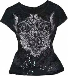 Grunge Shirts Emo Clothes Teen Girls Vintage Graphic Tee Y2k 2000s Goth Top Women Mcbling Short Sleeve StreetwearHalloween Christmas New Year 2026 - 白色黑色 - 查看 12