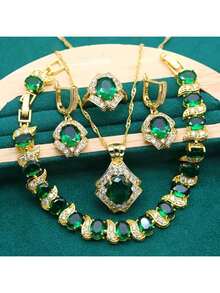 مجموعة مجوهرات أنيقة مكونة من 5 قطع مرصعة بالزركونيا المتلألئة - أخضر عتيق، قلادة، سوار، خاتم وأقراط - مثالية لعيد الحب، الزفاف والهدايا، مجوهرات عتيقة، أفضل هدية لعيد الميلاد