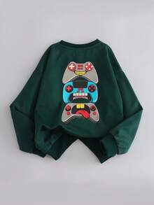 Tween Boy Casual Simple Remote Control Printed Long Sleeve Sweatshirt Autumn And Winter Student - Dark Green - View 2