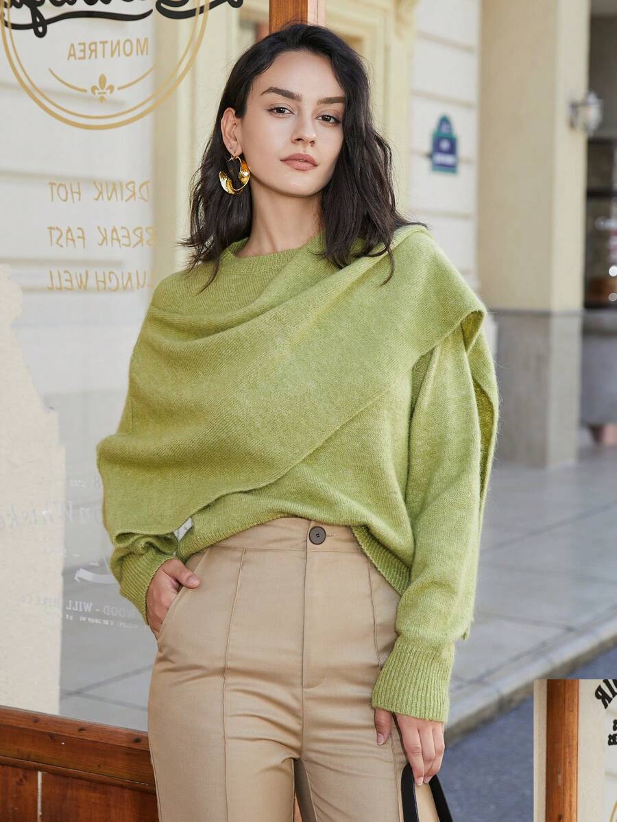 女款休閒百搭核心紡紗長袖交叉綁帶套頭衫,蝙蝠袖披肩式針織上衣,優雅設計,適合春季 - 青檸色 - 查看 1