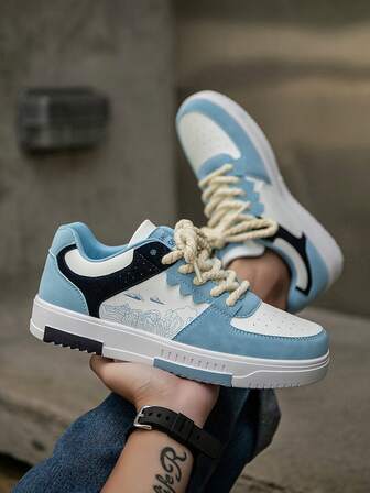 (Runs Small) Men's Niche Patchwork Contrast Color Lace-Up Flat Casual Sneakers, Versatile Random Print Pattern Comfortable Street Couple Flat Shoes