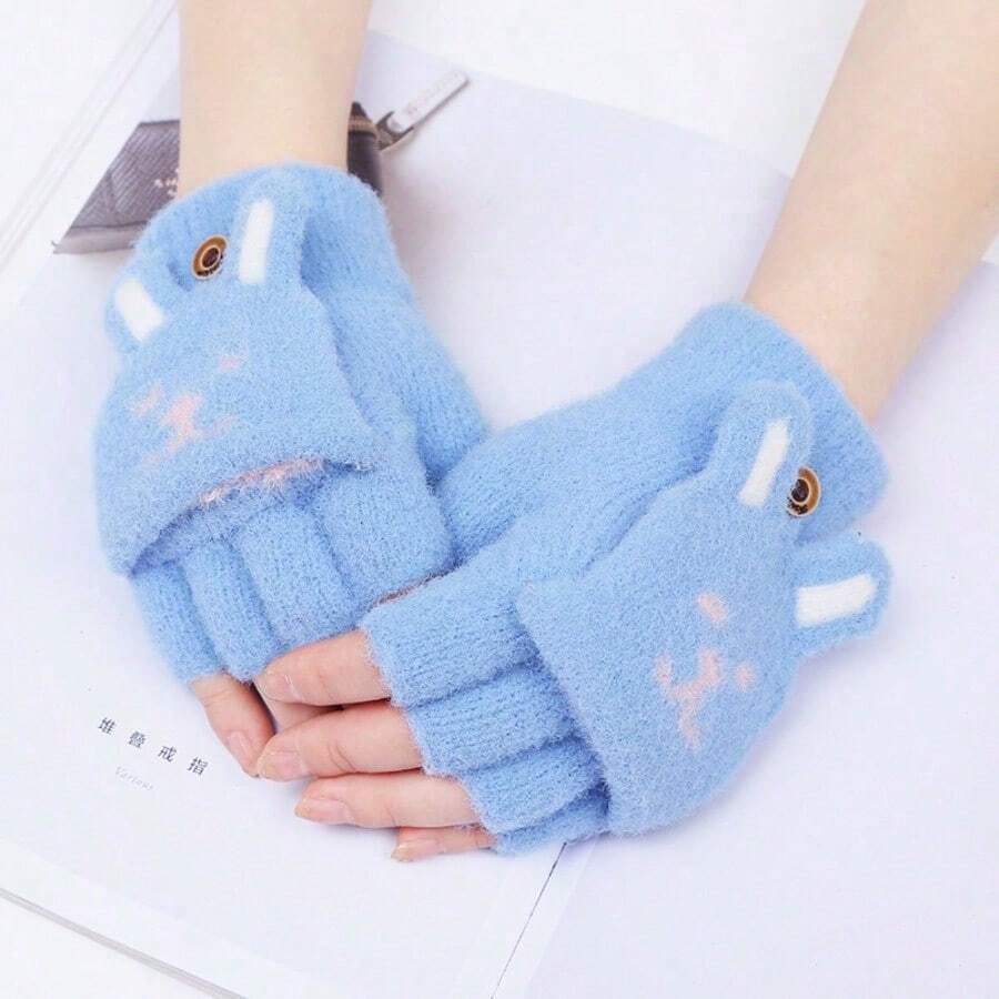 Plush Bunny Face Winter Gloves With Bunny Ears And Pink Flap Half Finger Design - Soft, Durable, Hand Washable Winter Gloves For Girls - Màu xanh nhạt - Xem 1