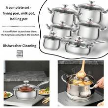 12 件超厚经典不锈钢炊具套装，包括 4 个汤锅、1 个煎锅、1 个奶锅和 6 个玻璃盖，不粘烹饪工具套装，金手柄耐热且易于使用银粉橙色厨房烹饪套装 - 銀色 - 查看 9