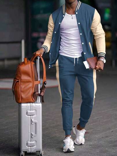 大码男式棒球夹克和运动裤两件套，纽扣式飞行员夹克和运动裤套装，尺码从 1XL 到 6XL，适合秋冬户外、旅行和日常穿着