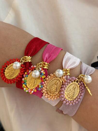 1 pieza Pulsera elástica con icono religioso de San Benito, cruz de perlas y cuentas tejidas de colores vintage, adecuada para uso diario y eventos de mujeres