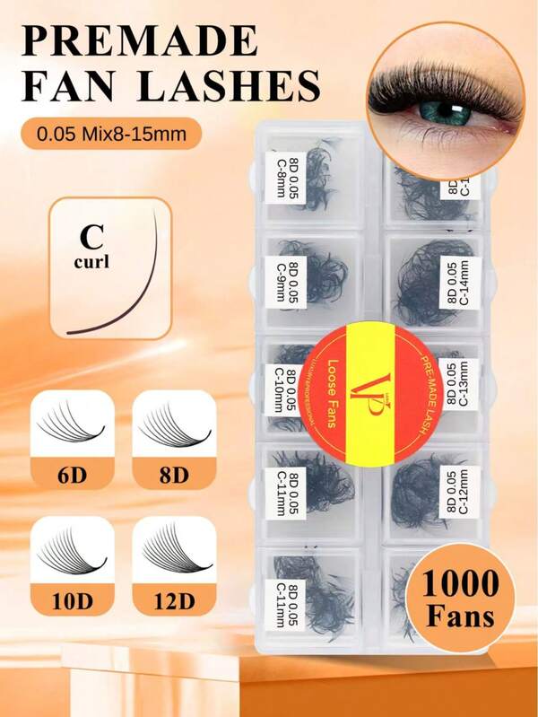 Abanico de volumen prealimentado VP 1000 6D/8D/10D/12D Pestañas rusas de tallo largo y esponjosas Extensión de pestañas de volumen de todos los tamaños Abanicos 0.05 mm 8-15 mix