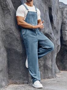 Runcati Men's Denim Bib Overall Jean Romper Trousers Adjustable Strap Workwear Slim Fit Jumpsuit - Màu xanh denim - Xem 5