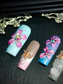 10pcs Glossy Y2K French Western Ocean Nail Art, Pink Nails, Red Nails, Light Blue Nails, Shiny Nails, 3D Handmade Starfish & Shell Decor, 3D Hand-Painted Wavy 3D Colorful Carved Rectangle Acrylic Nails, Perfect For Bikini Beach Matching. - 彩色 - 查看 6
